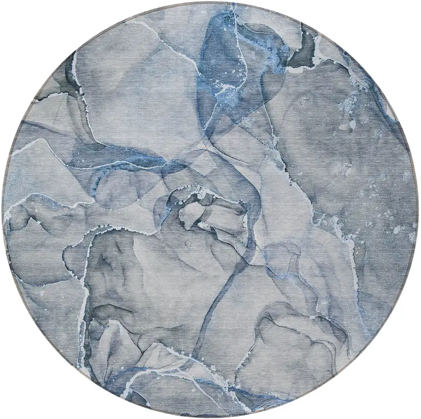 Blue and Gray Round Abstract Washable Non Skid Indoor Outdoor Area Rug Photo 4