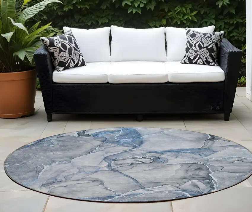 8' Round Blue and Gray Round Abstract Washable Non Skid Indoor Outdoor Area Rug Photo 1