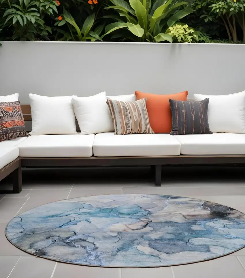 8' Round Blue and Gray Round Abstract Washable Non Skid Indoor Outdoor Area Rug Photo 1