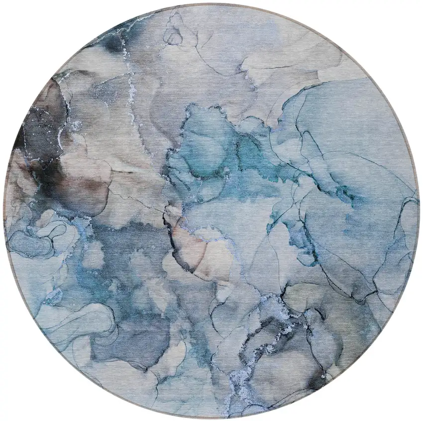 Blue and Gray Round Abstract Washable Non Skid Indoor Outdoor Area Rug Photo 5