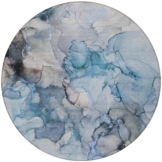 Blue and Gray Round Abstract Washable Non Skid Indoor Outdoor Area Rug Photo 4