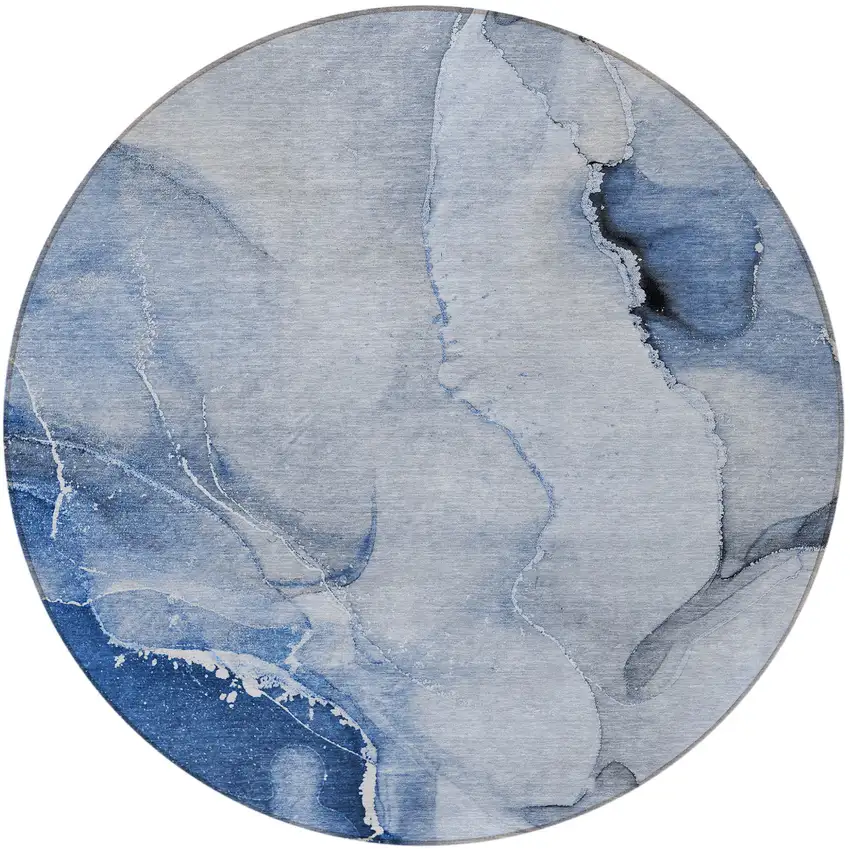 8' Round Blue and Gray Round Abstract Washable Non Skid Indoor Outdoor Area Rug Photo 5