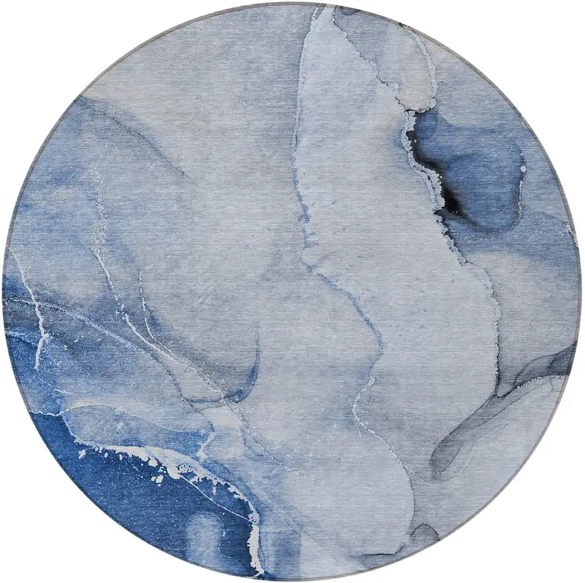 8' Round Blue and Gray Round Abstract Washable Non Skid Indoor Outdoor Area Rug Photo 5