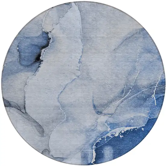 Blue and Gray Round Abstract Washable Non Skid Indoor Outdoor Area Rug Photo 2