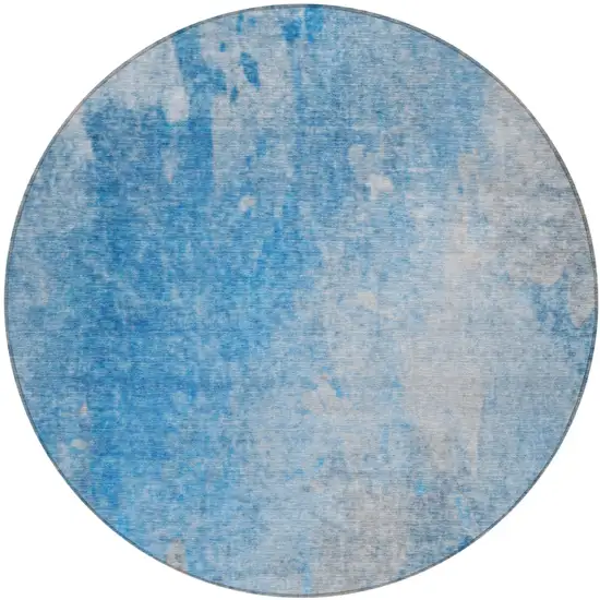 Blue and Gray Round Abstract Washable Non Skid Indoor Outdoor Area Rug Photo 2
