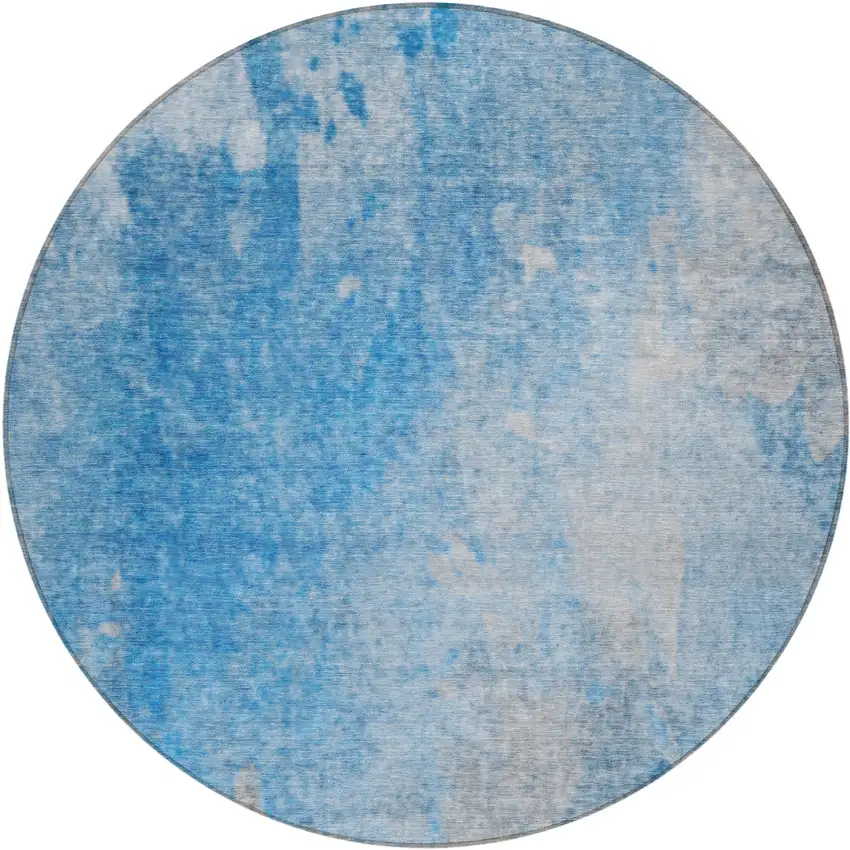 Blue and Gray Round Abstract Washable Non Skid Indoor Outdoor Area Rug Photo 2