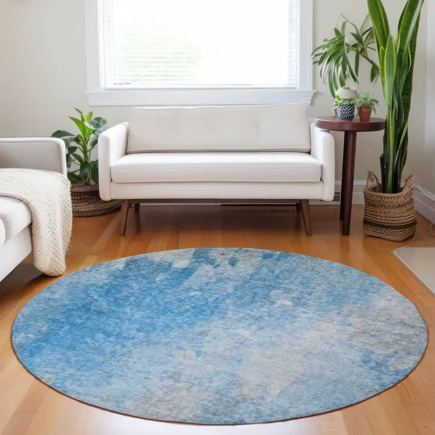 Blue and Gray Round Abstract Washable Non Skid Indoor Outdoor Area Rug Photo 9