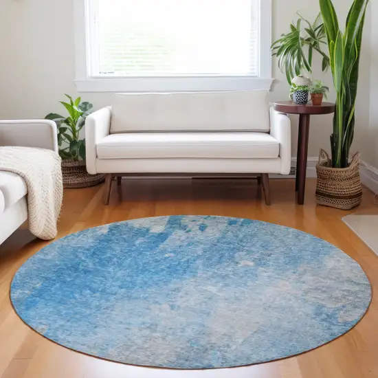 Blue and Gray Round Abstract Washable Non Skid Indoor Outdoor Area Rug Photo 9