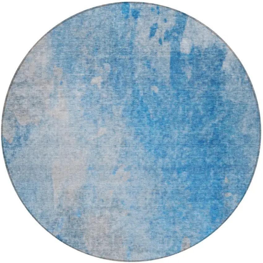 Blue and Gray Round Abstract Washable Non Skid Indoor Outdoor Area Rug Photo 5