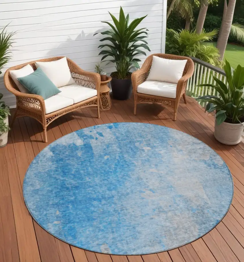 Blue and Gray Round Abstract Washable Non Skid Indoor Outdoor Area Rug Photo 1