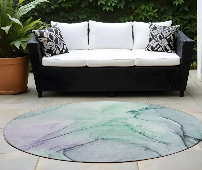 8' Round Blue and Gray Round Abstract Washable Non Skid Indoor Outdoor Area Rug Photo 1