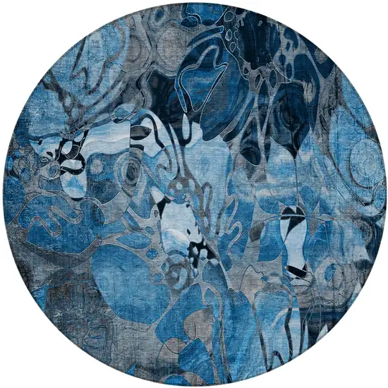 Blue and Gray Round Abstract Washable Indoor Outdoor Area Rug Photo 2