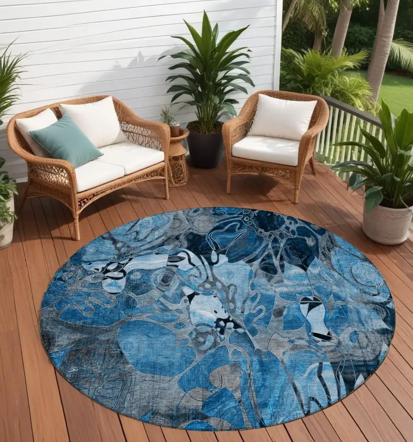 Blue and Gray Round Abstract Washable Indoor Outdoor Area Rug Photo 1