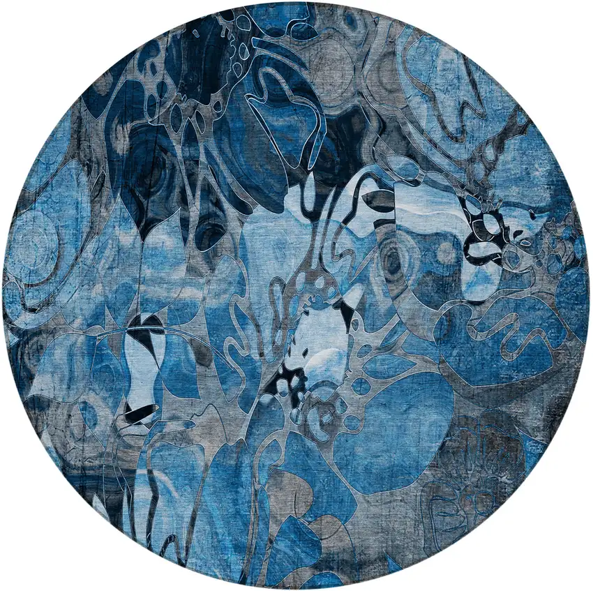 8' Round Blue and Gray Round Floral Washable Non Skid Indoor Outdoor Area Rug Photo 3