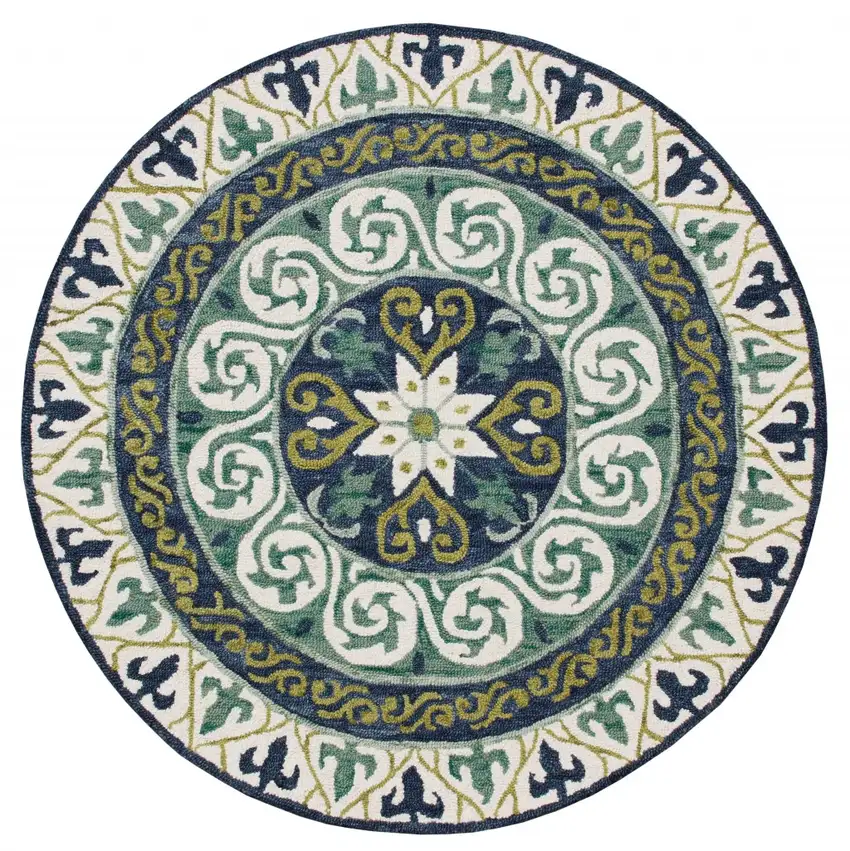 5' Round Blue and Green Ornate Medallion Area Rug Photo 1