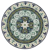 Photo of 5' Round Blue and Green Ornate Medallion Area Rug