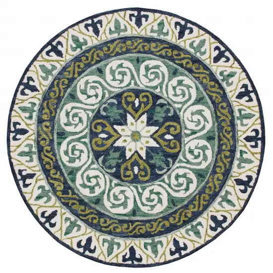 5' Round Blue and Green Ornate Medallion Area Rug Photo 1