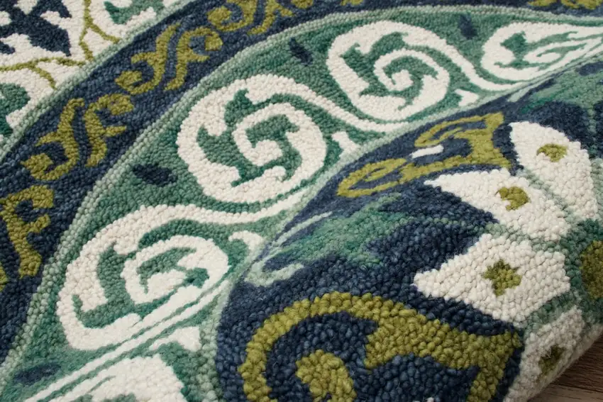 5' Round Blue and Green Ornate Medallion Area Rug Photo 6