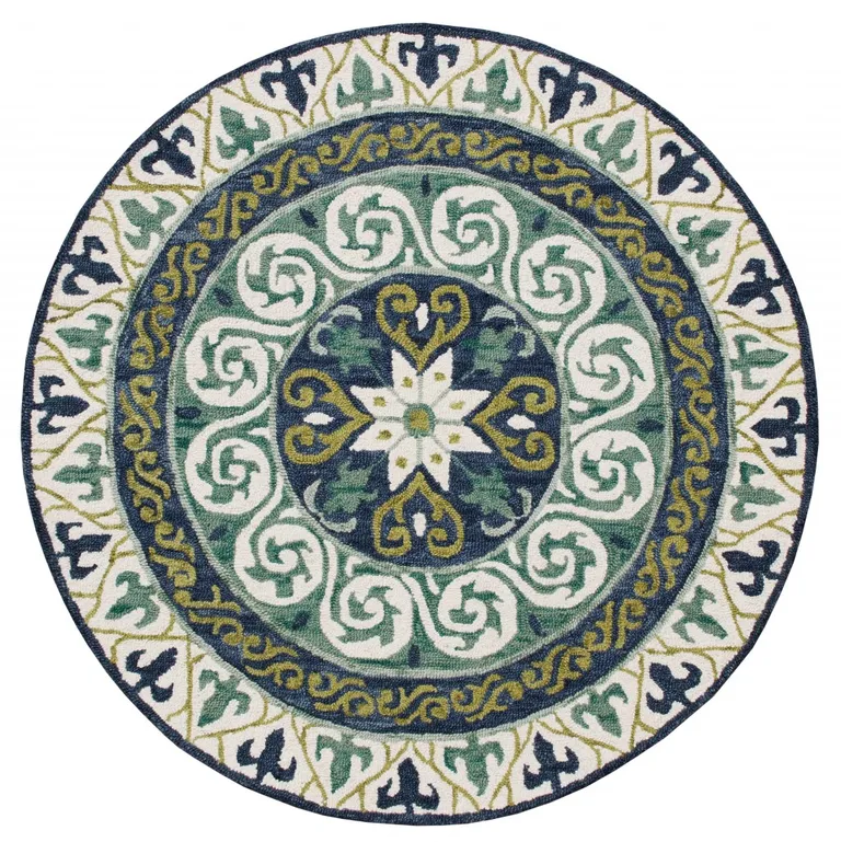 7' Round Blue and Green Ornate Medallion Area Rug Photo 1