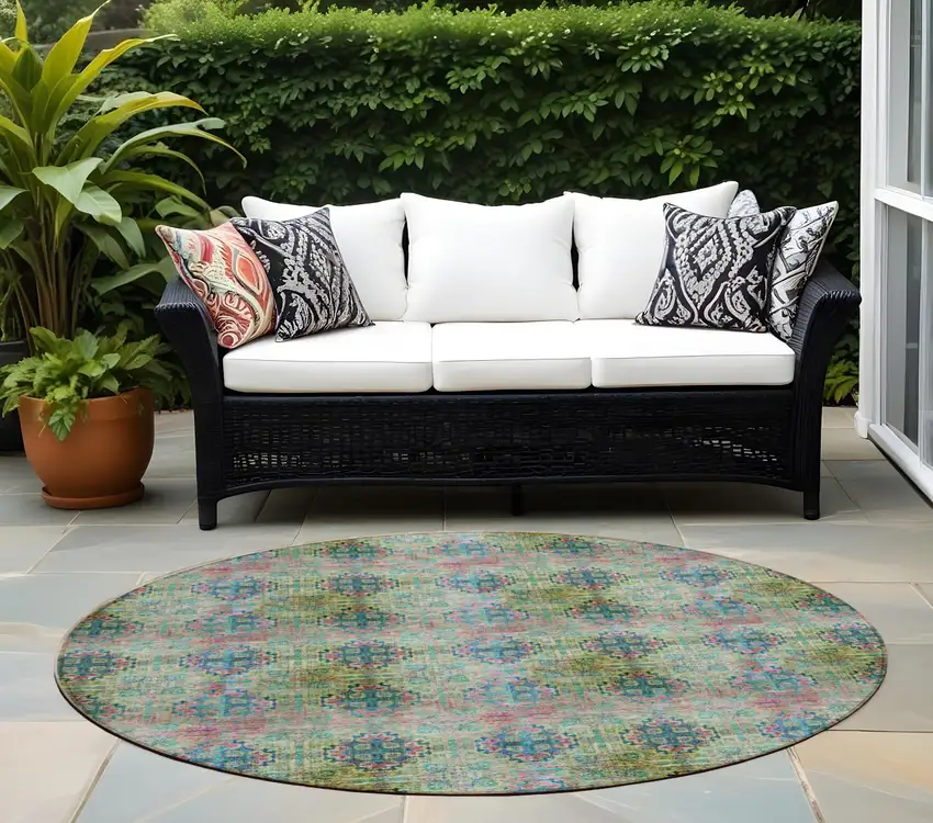 Blue and Green Round Floral Medallion Washable Non Skid Indoor Outdoor Area Rug Photo 1