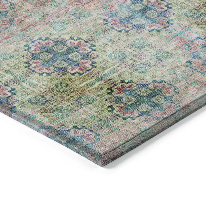 Blue and Green Round Floral Medallion Washable Non Skid Indoor Outdoor Area Rug Photo 4