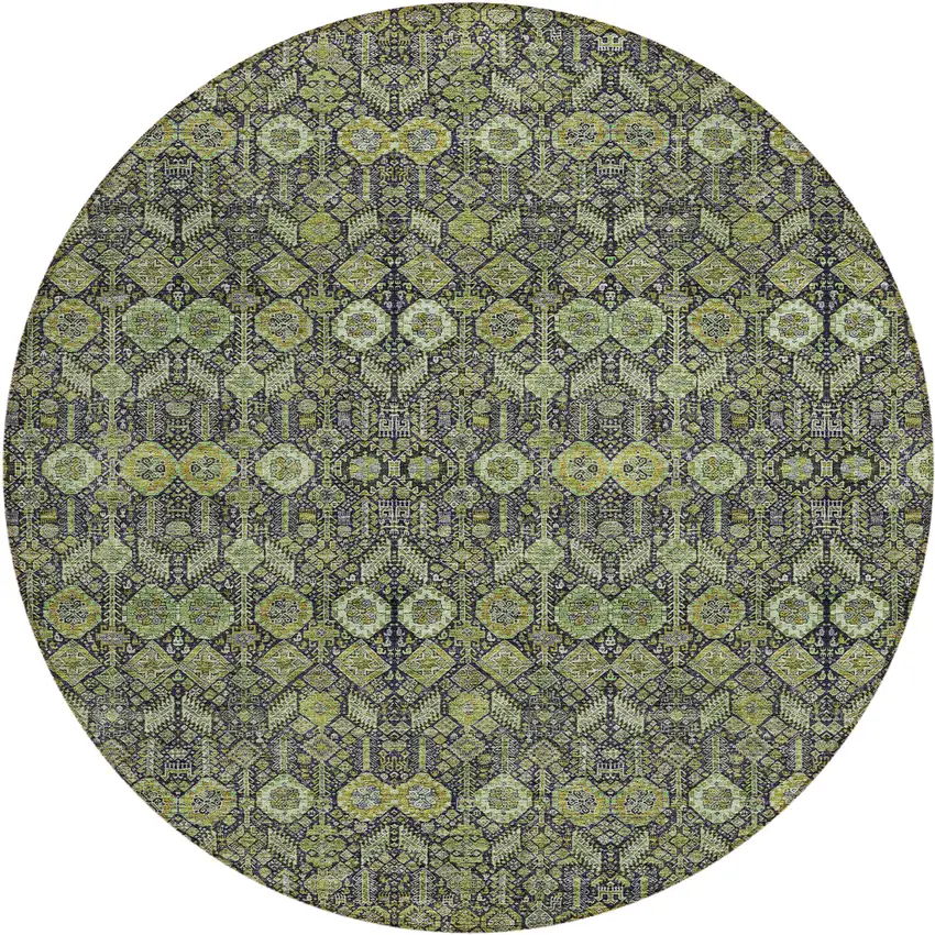 8' Round Blue and Green Round Floral Washable Non Skid Indoor Outdoor Area Rug Photo 2
