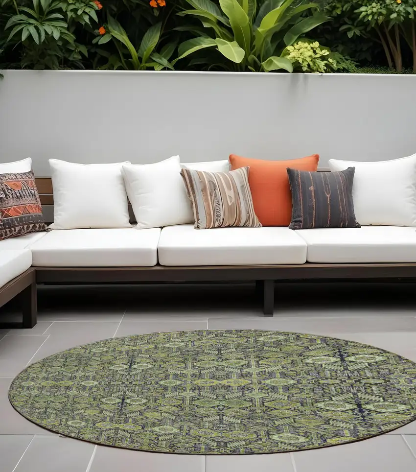 8' Round Blue and Green Round Floral Washable Non Skid Indoor Outdoor Area Rug Photo 1