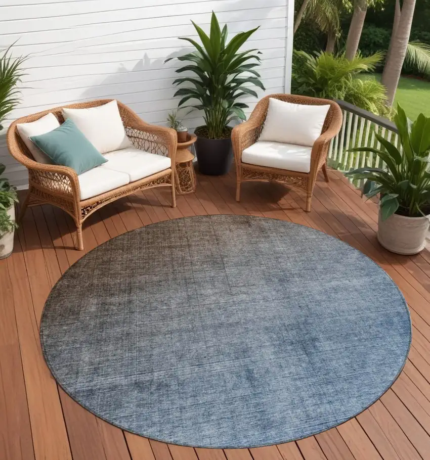 8' Round Blue and Green Round Ombre Washable Non Skid Indoor Outdoor Area Rug Photo 1
