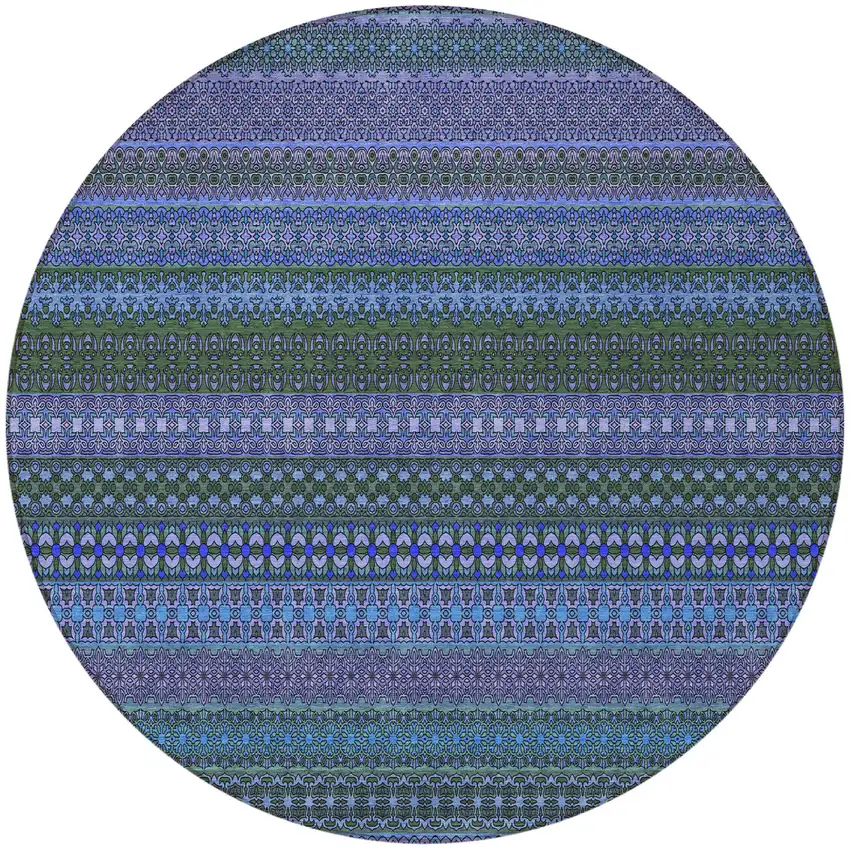 Blue and Green Round Striped Washable Non Skid Indoor Outdoor Area Rug Photo 4