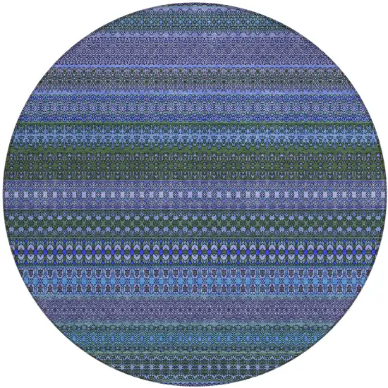 Blue and Green Round Striped Washable Non Skid Indoor Outdoor Area Rug Photo 2