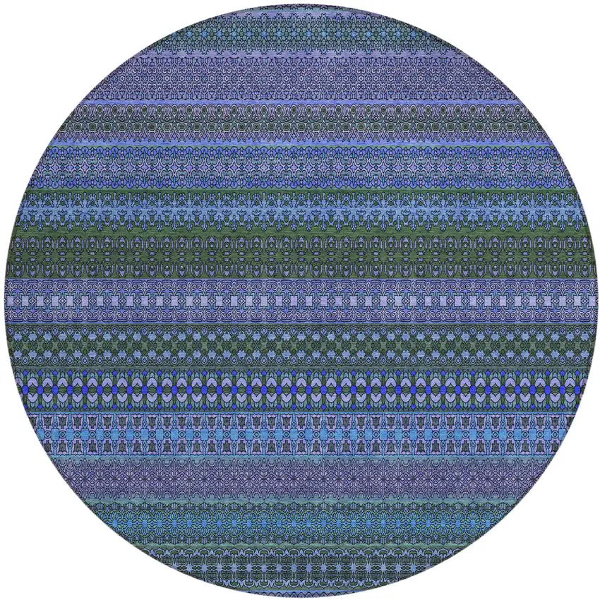 Blue and Green Round Striped Washable Non Skid Indoor Outdoor Area Rug Photo 2