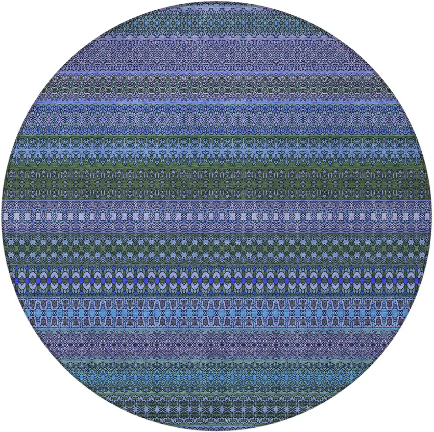8' Round Blue and Green Round Striped Washable Non Skid Indoor Outdoor Area Rug Photo 5