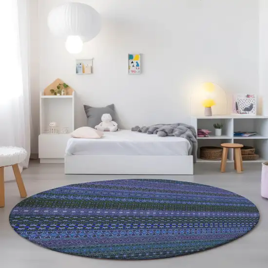 Blue and Green Round Striped Washable Non Skid Indoor Outdoor Area Rug Photo 9