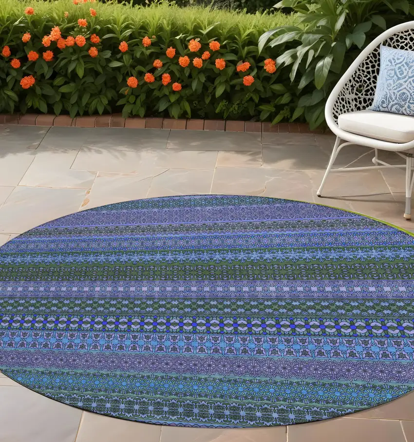 Blue and Green Round Striped Washable Non Skid Indoor Outdoor Area Rug Photo 1