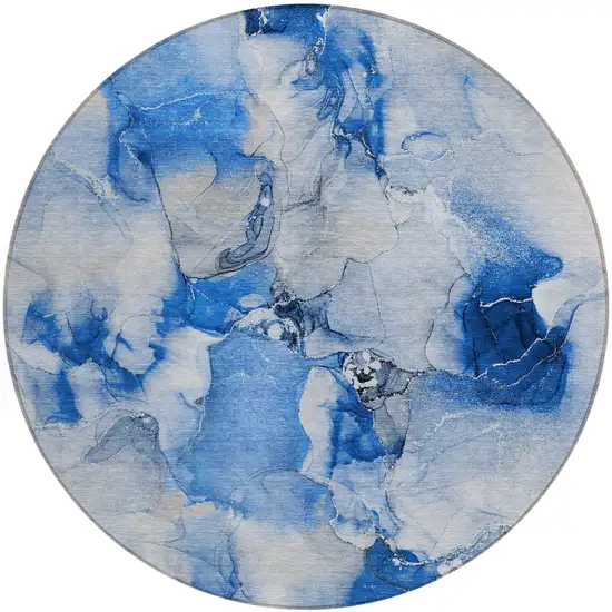 Navy Blue Round Abstract Washable Indoor Outdoor Area Rug Photo 1