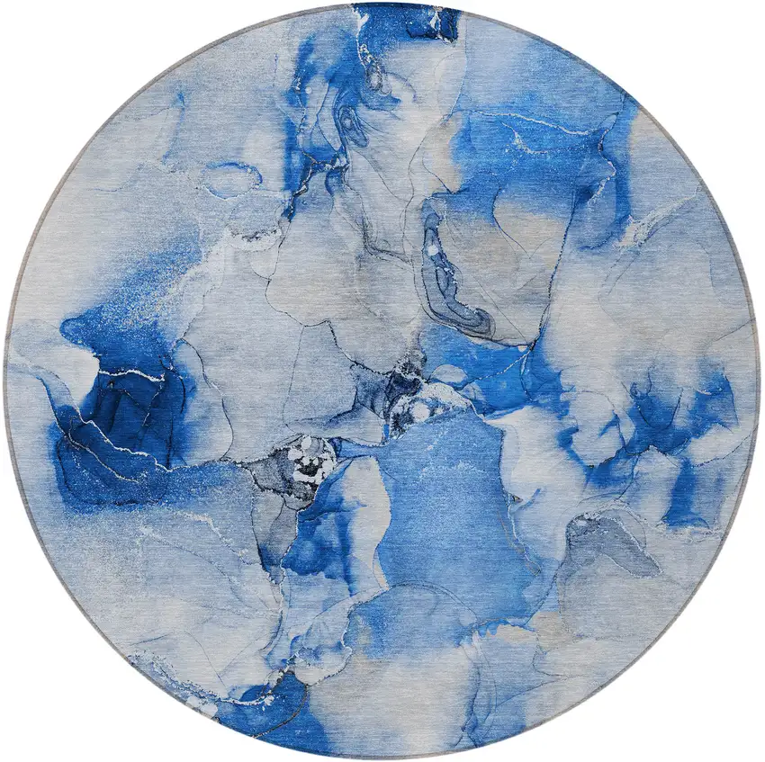 8' Round Blue and Ivory Round Abstract Washable Non Skid Indoor Outdoor Area Rug Photo 5
