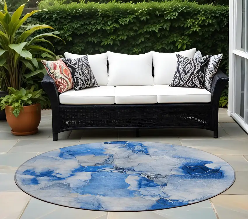 Navy Blue Round Abstract Washable Indoor Outdoor Area Rug Photo 1