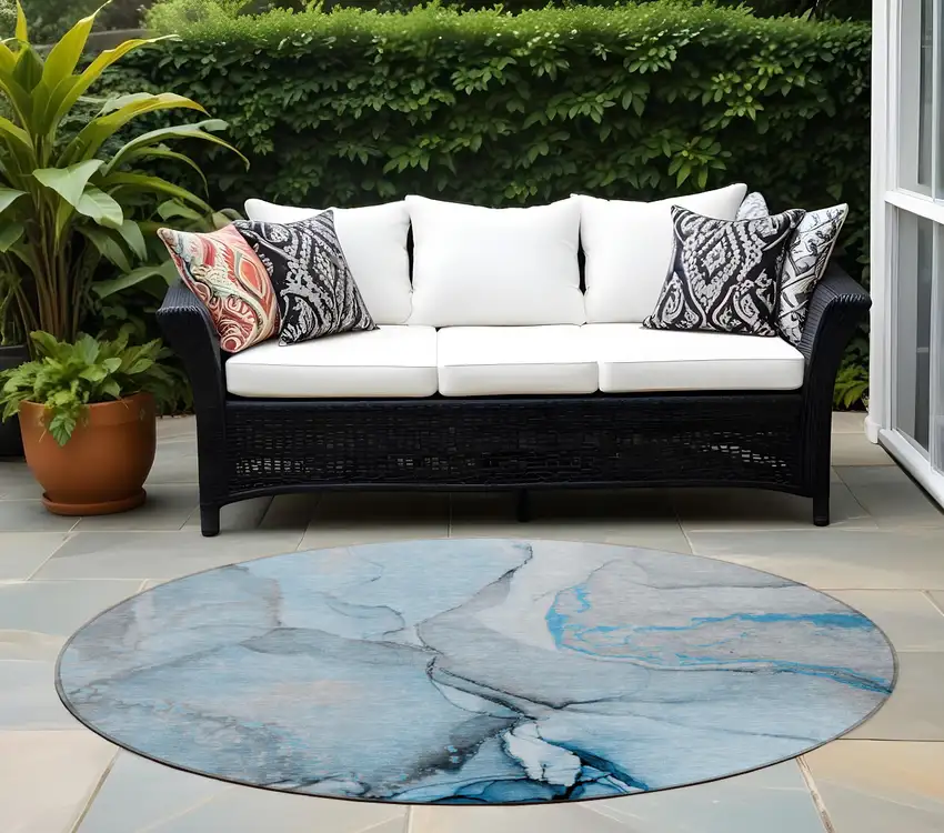 8' Round Blue and Ivory Round Abstract Washable Non Skid Indoor Outdoor Area Rug Photo 1