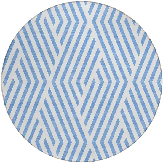 Blue and Ivory Round Geometric Washable Non Skid Indoor Outdoor Area Rug Photo 2