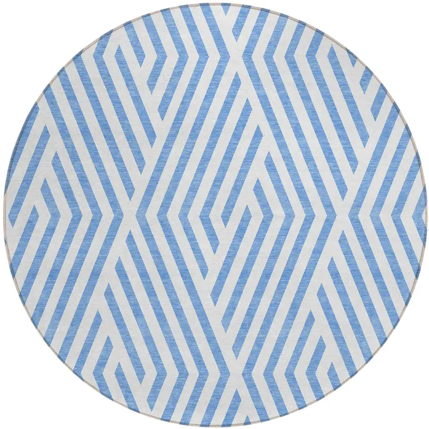 Blue and Ivory Round Geometric Washable Non Skid Indoor Outdoor Area Rug Photo 2
