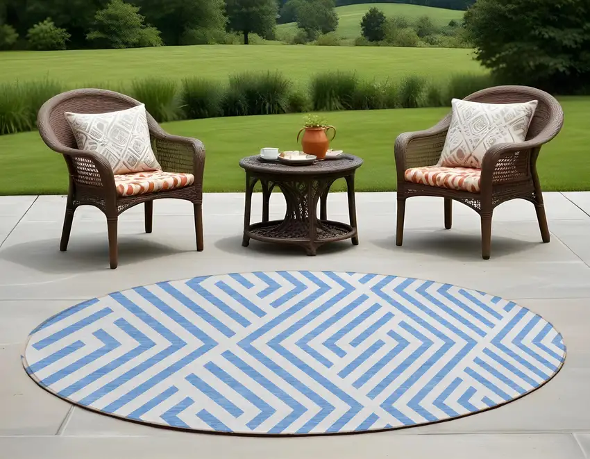 Blue and Ivory Round Geometric Washable Non Skid Indoor Outdoor Area Rug Photo 1