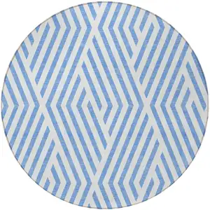 Photo of 8' Round Blue and Ivory Round Geometric Washable Non Skid Indoor Outdoor Area Rug