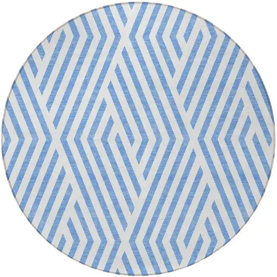 8' Round Blue and Ivory Round Geometric Washable Non Skid Indoor Outdoor Area Rug Photo 4