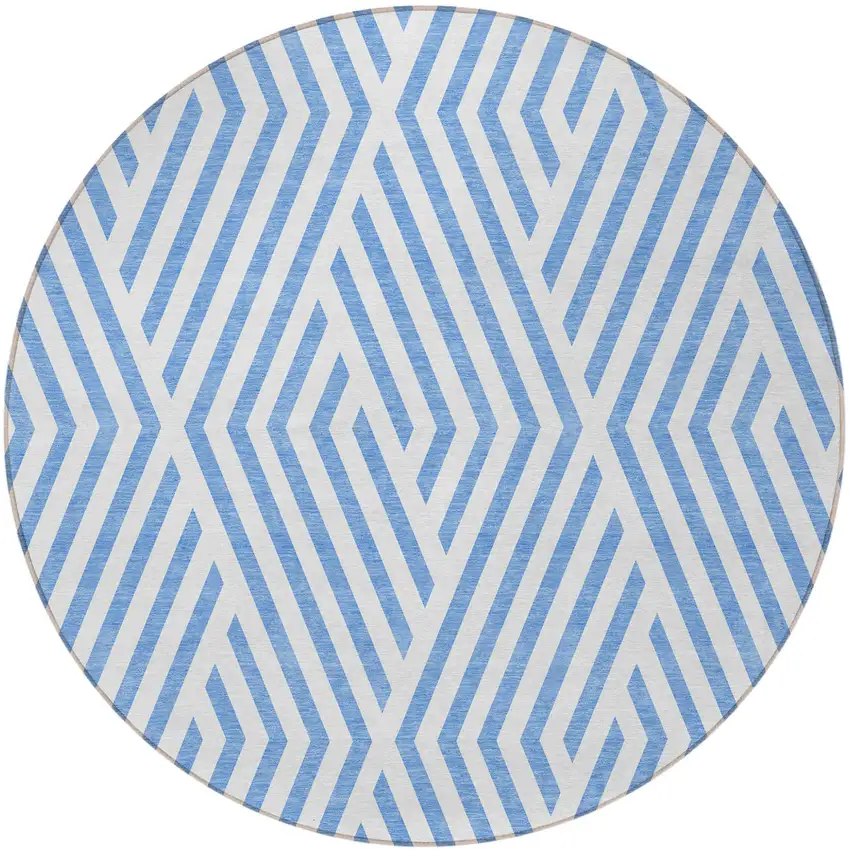 8' Round Blue and Ivory Round Geometric Washable Non Skid Indoor Outdoor Area Rug Photo 4