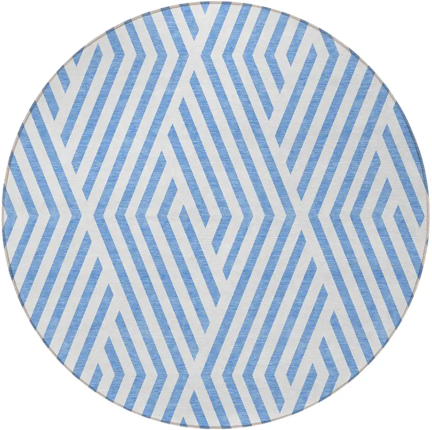 8' Round Blue and Ivory Round Geometric Washable Non Skid Indoor Outdoor Area Rug Photo 4