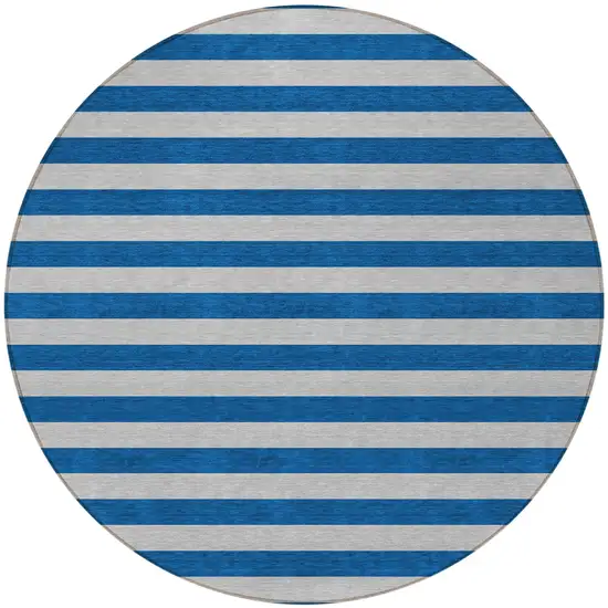 Blue and Ivory Round Striped Washable Non Skid Indoor Outdoor Area Rug Photo 4