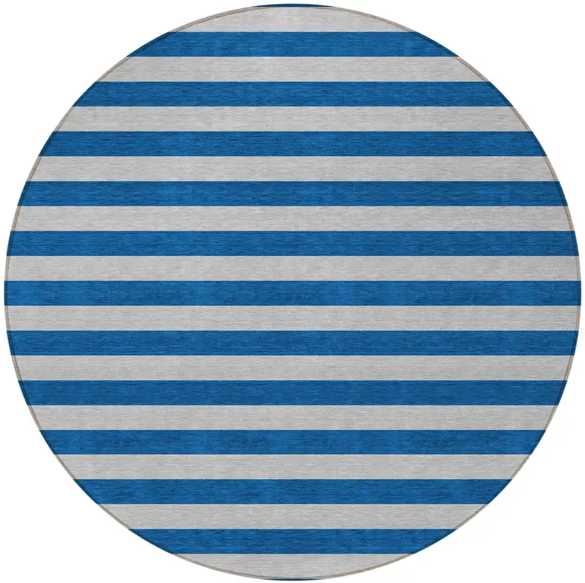 Blue and Ivory Round Striped Washable Non Skid Indoor Outdoor Area Rug Photo 4