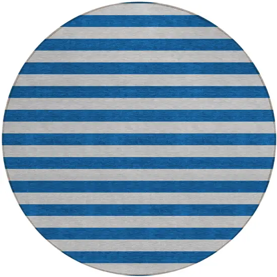 8' Round Blue and Ivory Round Striped Washable Non Skid Indoor Outdoor Area Rug Photo 2