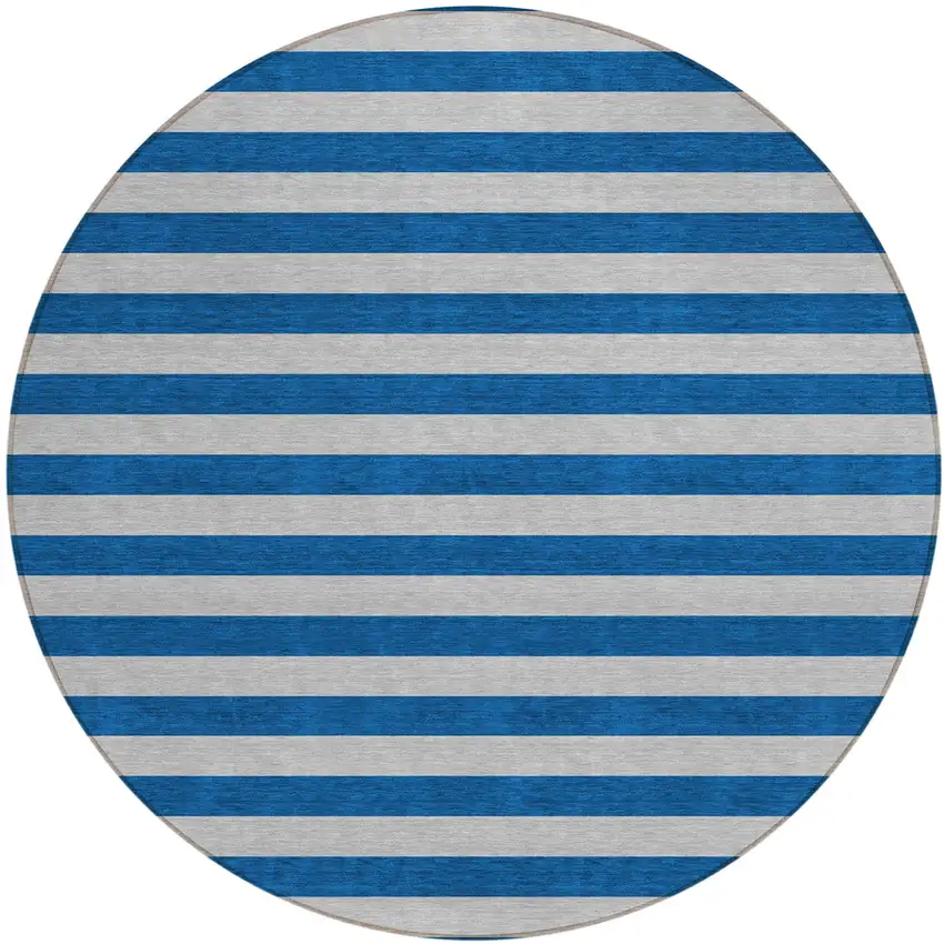 8' Round Blue and Ivory Round Striped Washable Non Skid Indoor Outdoor Area Rug Photo 2