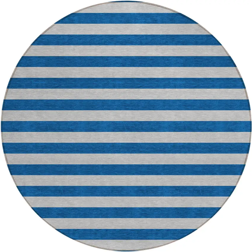 8' Round Blue and Ivory Round Striped Washable Non Skid Indoor Outdoor Area Rug Photo 2